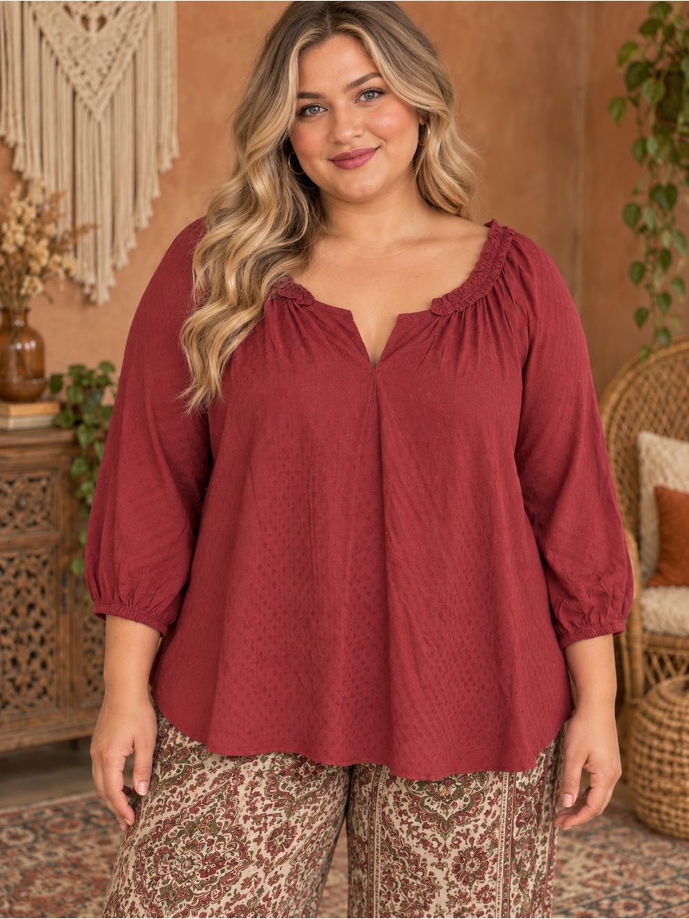 NWT Rose & Olive Brick Red Peasant Blouse Size 2X